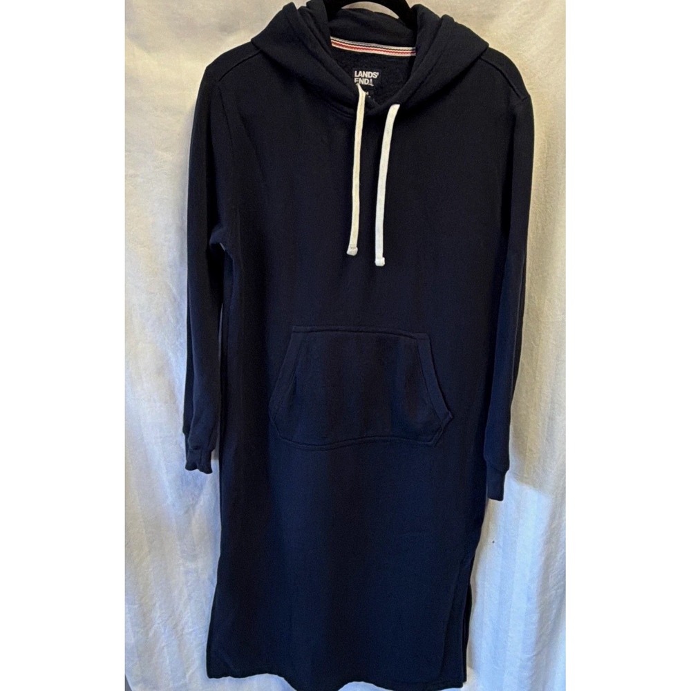 Lands End Navy blue Solid Fleece Pullover Hoodie Dress Hood Drawstring Pockets M